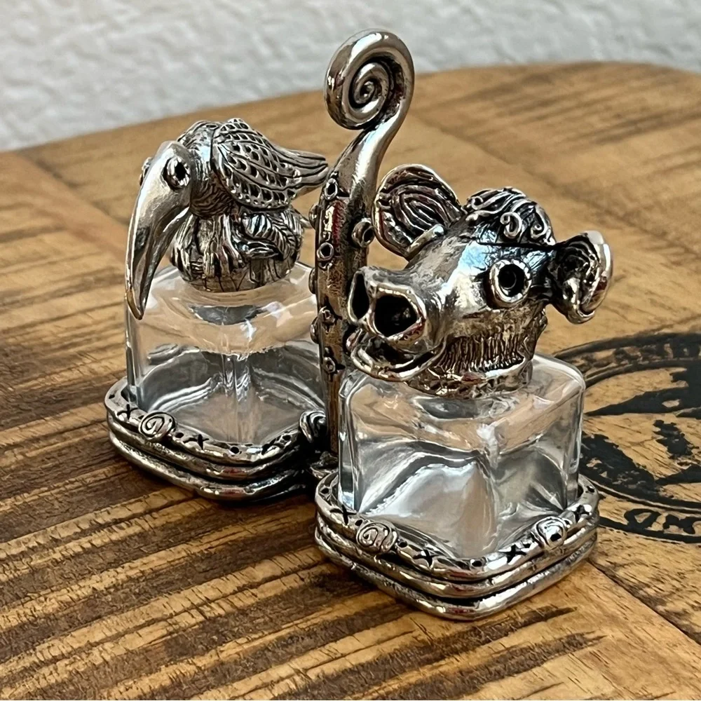 AST Pewter Salt Pepper Shakers Animal Head Glass Cow Bull Crow Bird of Prey
